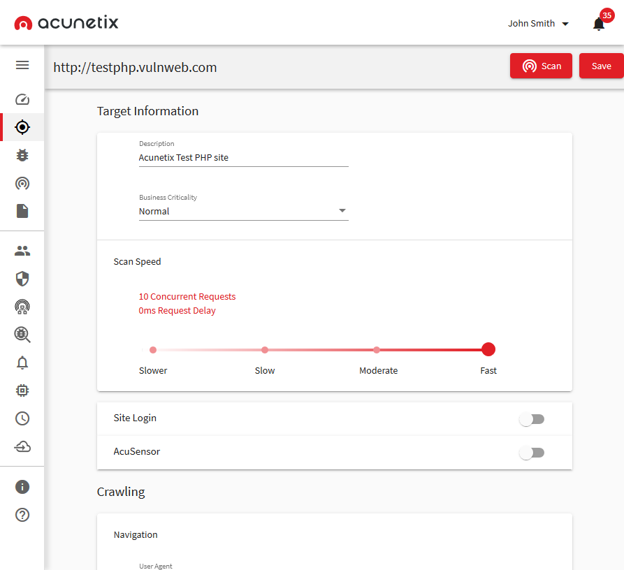 Acunetix v13 target settings